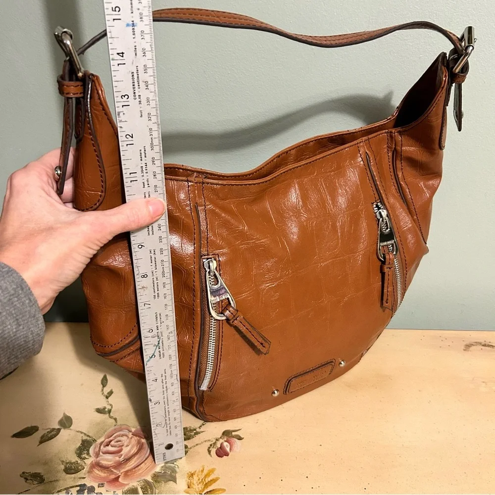 Nine West Cognac Tan Embossed Faux Leather Croc Reptile Print Hobo Bag Purse